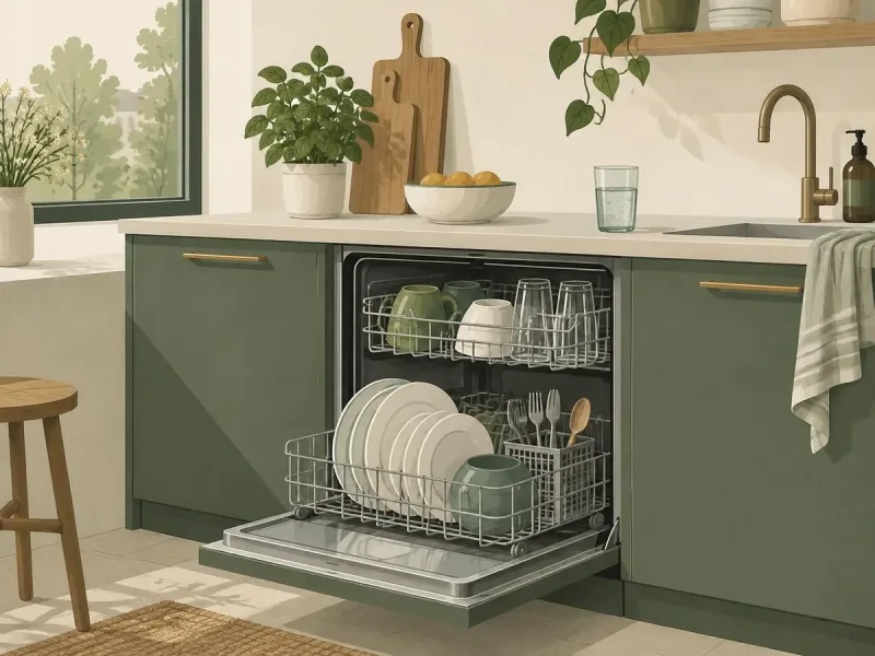 Küchenzeile mit geöffneter Spülmaschine und einem Glas Leitungswasser